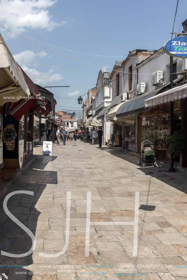 SKOPJE, REPUBLIC OF MACEDONIA - 13 MAY 2017: Typical street in old town of city of Skopje, Republic of Macedonia