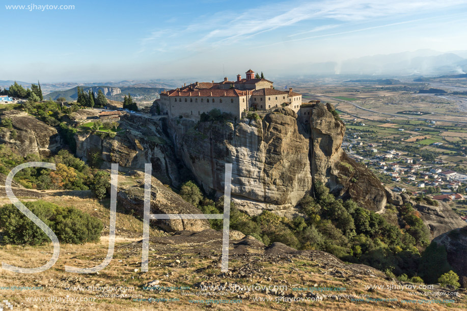 Amazing Sunset Landscape of Holy Monastery of St. Stephen in Meteora, Thessaly, Greece