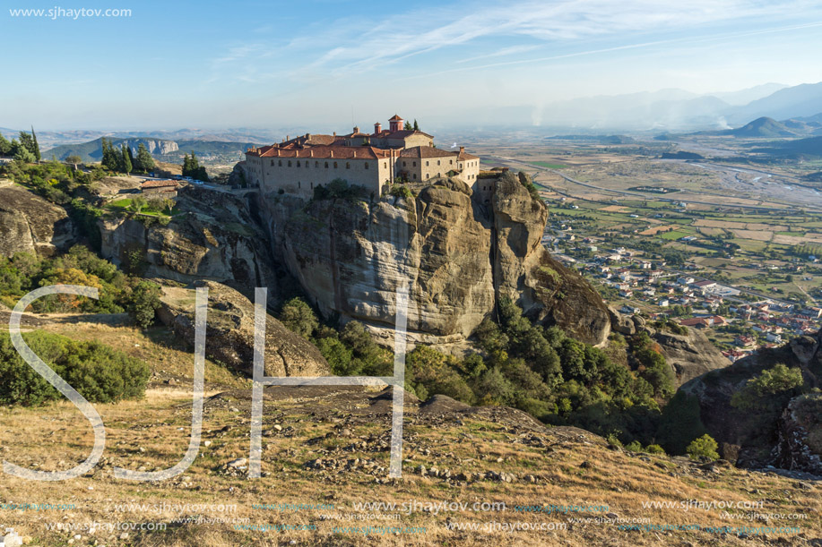 Amazing Sunset Landscape of Holy Monastery of St. Stephen in Meteora, Thessaly, Greece