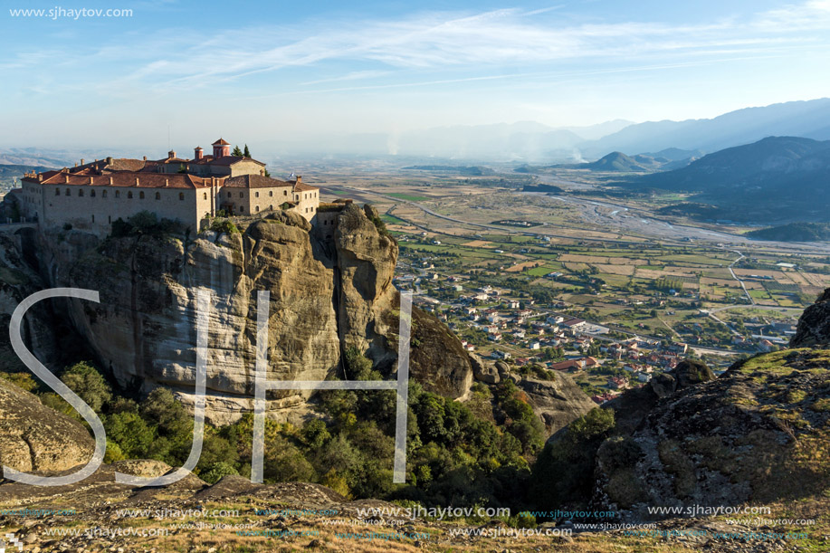 Amazing Sunset Landscape of Holy Monastery of St. Stephen in Meteora, Thessaly, Greece