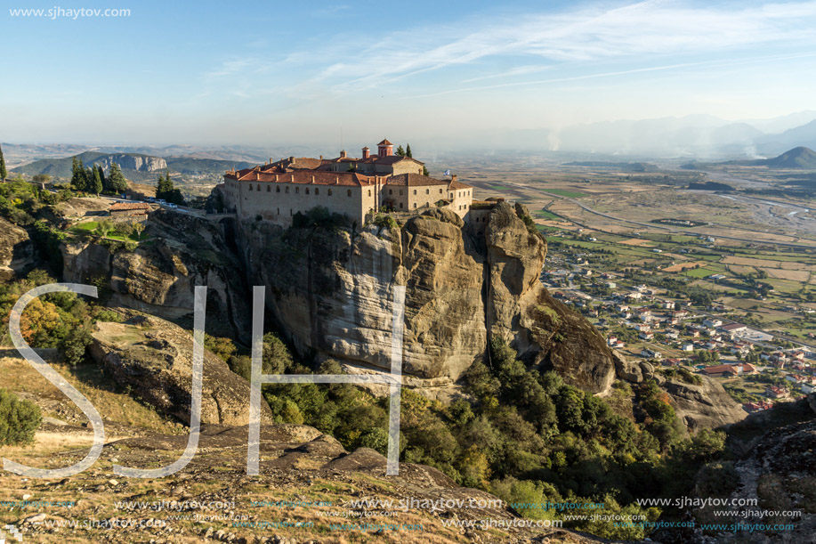 Amazing Sunset Landscape of Holy Monastery of St. Stephen in Meteora, Thessaly, Greece