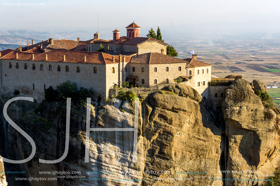 Amazing Sunset Landscape of Holy Monastery of St. Stephen in Meteora, Thessaly, Greece