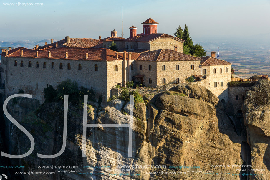 Amazing Sunset Landscape of Holy Monastery of St. Stephen in Meteora, Thessaly, Greece