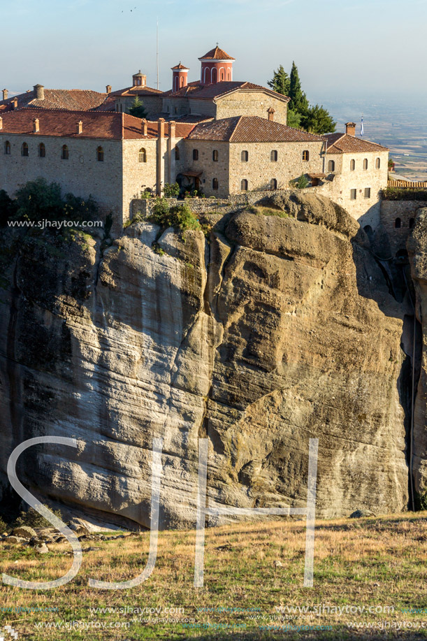 Amazing Sunset Landscape of Holy Monastery of St. Stephen in Meteora, Thessaly, Greece