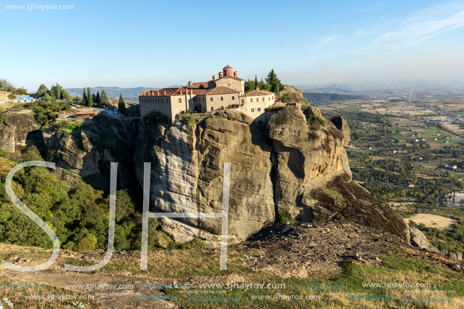 Amazing Sunset Landscape of Holy Monastery of St. Stephen in Meteora, Thessaly, Greece