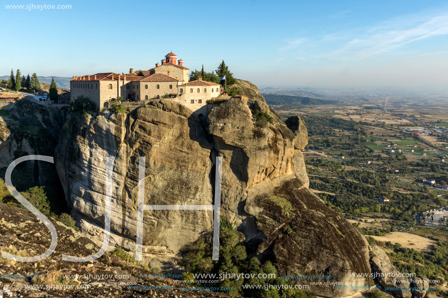 Amazing Sunset Landscape of Holy Monastery of St. Stephen in Meteora, Thessaly, Greece