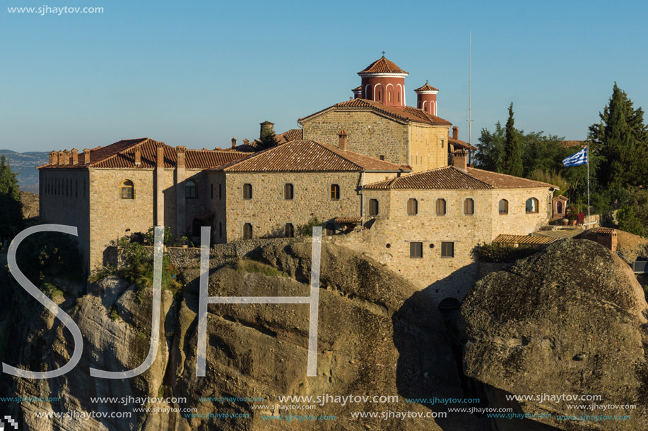 Amazing Sunset Landscape of Holy Monastery of St. Stephen in Meteora, Thessaly, Greece