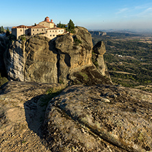 Amazing Sunset Landscape of Holy Monastery of St. Stephen in Meteora, Thessaly, Greece