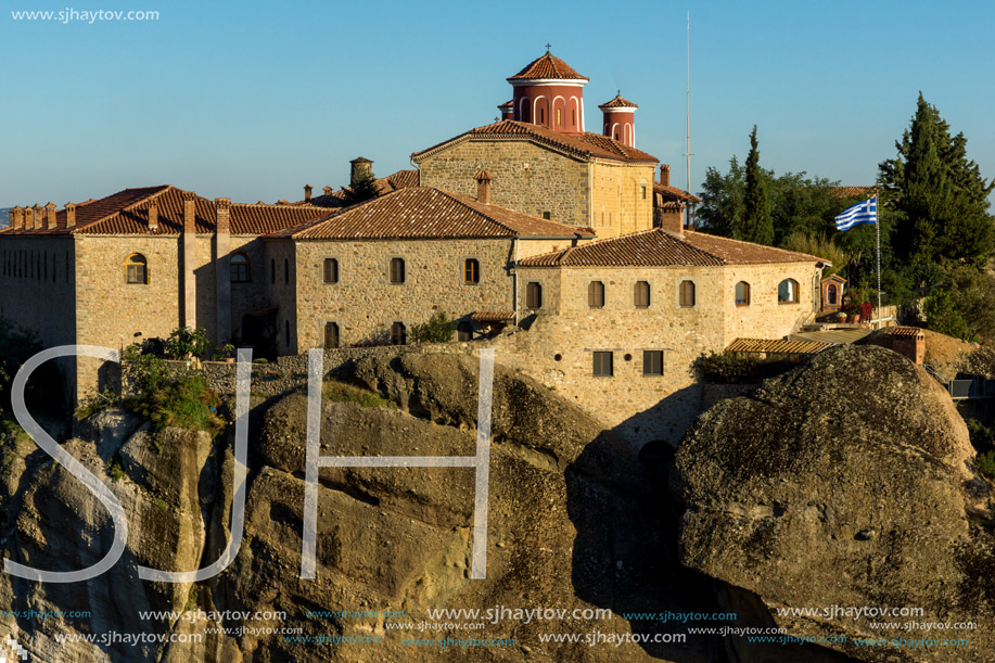 Amazing Sunset Landscape of Holy Monastery of St. Stephen in Meteora, Thessaly, Greece