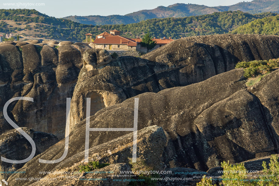 Amazing Sunset Panorama of  Monastery of the Holy Trinity in Meteora, Thessaly, Greece