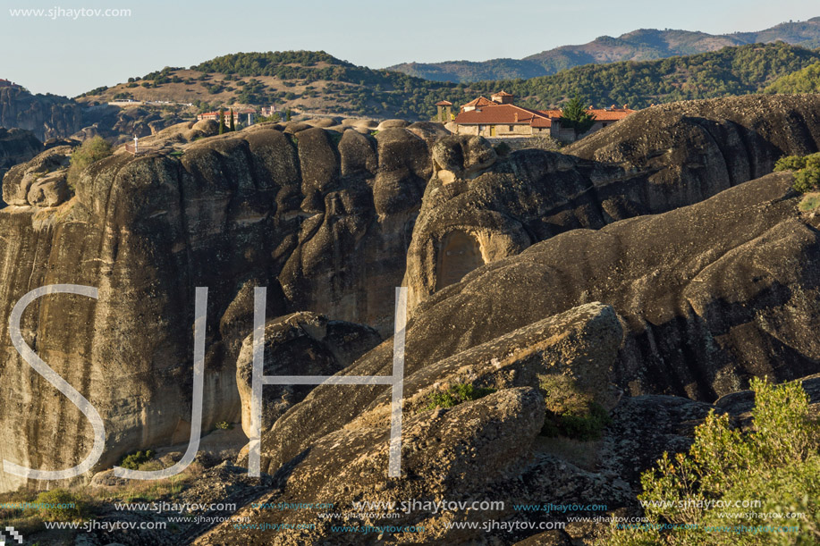 Amazing Sunset Panorama of  Monastery of the Holy Trinity in Meteora, Thessaly, Greece