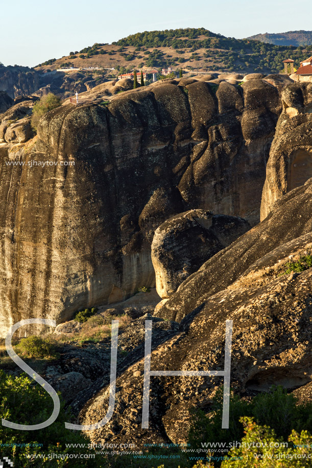 Amazing Sunset Panorama of  Monastery of the Holy Trinity in Meteora, Thessaly, Greece