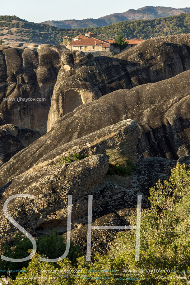 Amazing Sunset Panorama of  Monastery of the Holy Trinity in Meteora, Thessaly, Greece