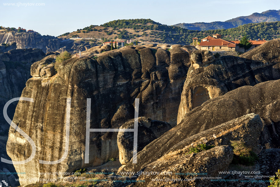 Amazing Sunset Panorama of  Monastery of the Holy Trinity in Meteora, Thessaly, Greece