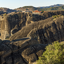 Amazing Sunset Panorama of  Monastery of the Holy Trinity in Meteora, Thessaly, Greece