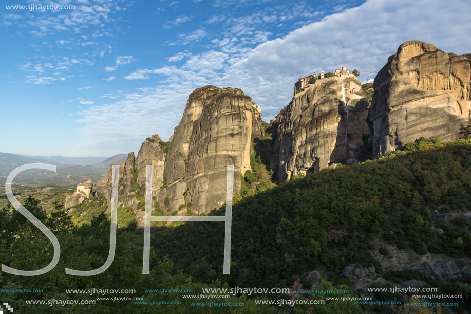 Amazing view of Rock Pillars and Holy Monasteries of Varlaam and St. Nicholas Anapausas  in Meteora, Thessaly, Greece