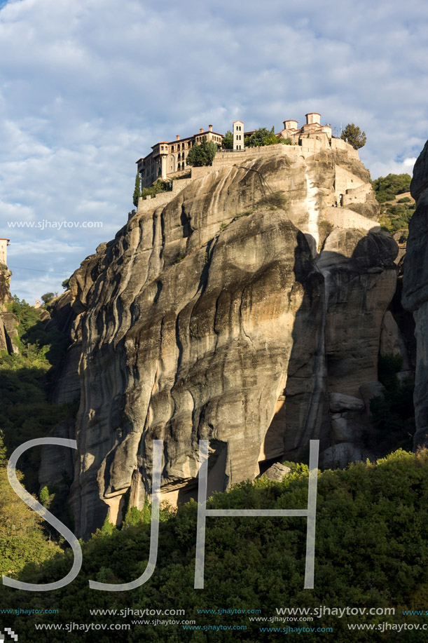 Amazing view of Rock Pillars and Holy Monasteries of Varlaam and St. Nicholas Anapausas  in Meteora, Thessaly, Greece