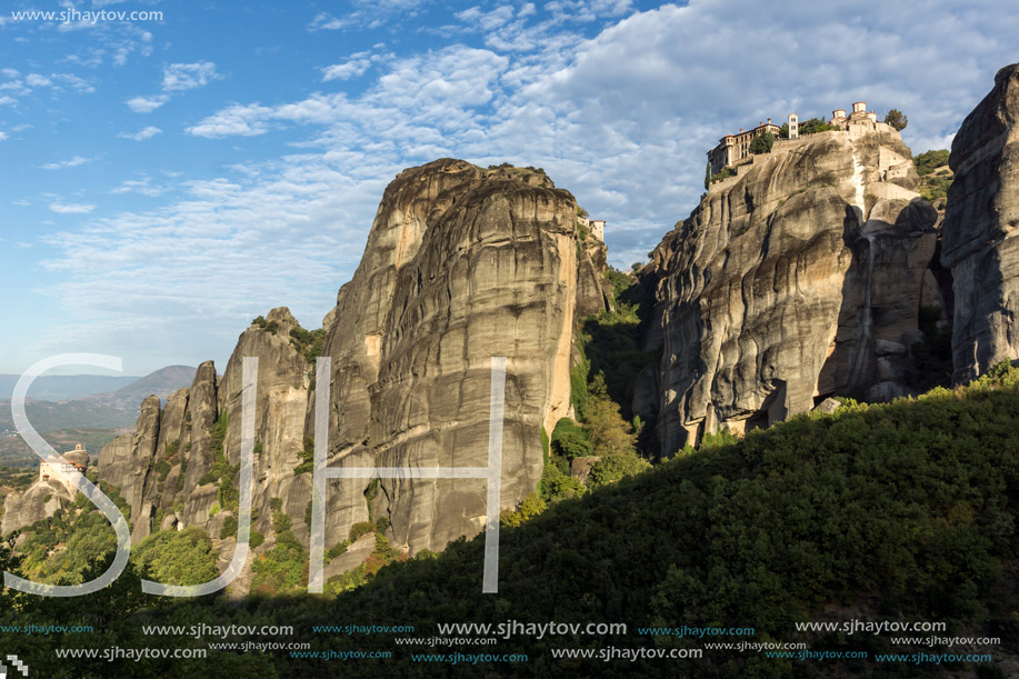 Amazing view of Rock Pillars and Holy Monasteries of Varlaam and St. Nicholas Anapausas  in Meteora, Thessaly, Greece