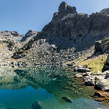 Panorama of lake with clear waters, Rila Mountain, Bulgaria