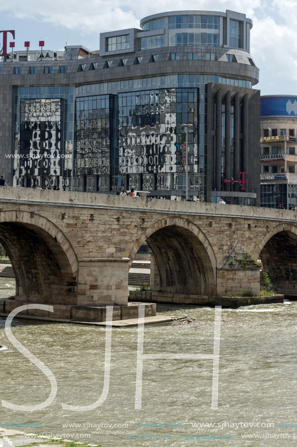 SKOPJE, REPUBLIC OF MACEDONIA - 13 MAY 2017: Skopje City Center, Old Stone Bridge and Vardar River, Republic of Macedonia