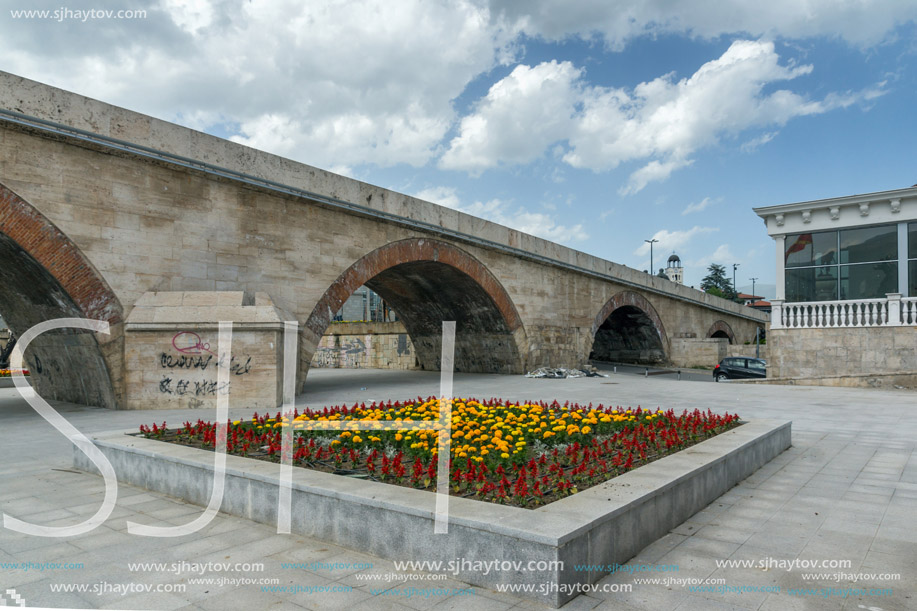 SKOPJE, REPUBLIC OF MACEDONIA - 13 MAY 2017: Skopje City Center, Old Stone Bridge and Vardar River, Republic of Macedonia