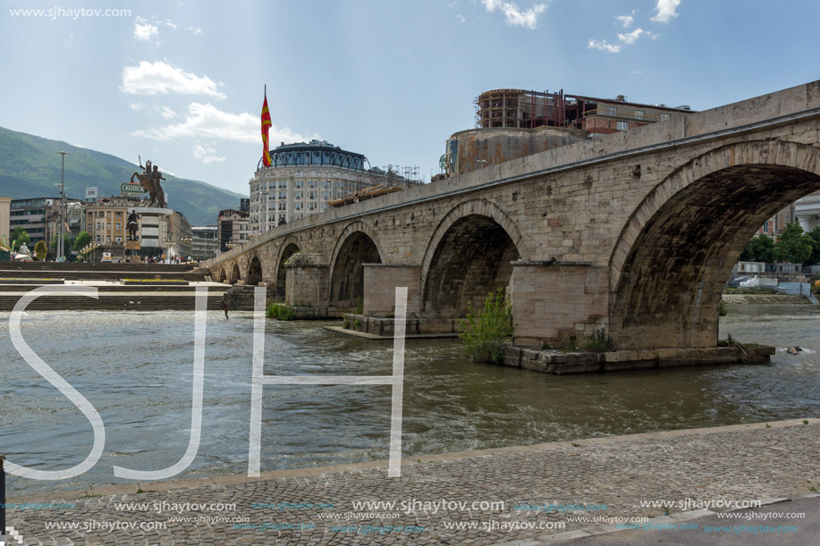 SKOPJE, REPUBLIC OF MACEDONIA - 13 MAY 2017: Skopje City Center, Old Stone Bridge and Vardar River, Republic of Macedonia