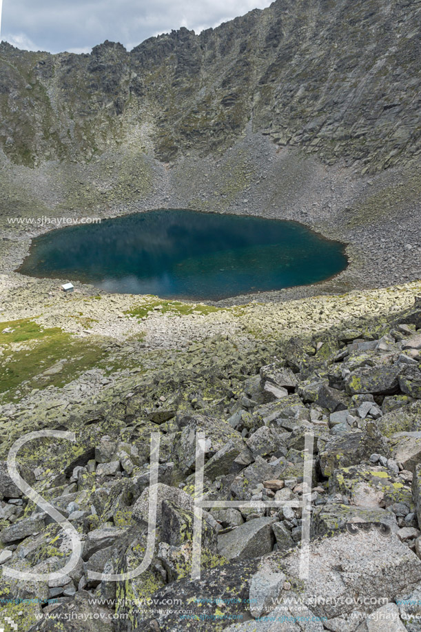 Panoramic view to Ledenoto (Ice) Lake from Musala Peak, Rila mountain, Bulgaria