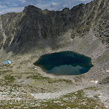 Panoramic view to Ledenoto (Ice) Lake from Musala Peak, Rila mountain, Bulgaria