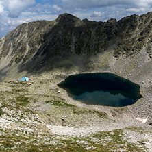 Panoramic view to Ledenoto (Ice) Lake from Musala Peak, Rila mountain, Bulgaria