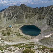 Panoramic view to Ledenoto (Ice) Lake from Musala Peak, Rila mountain, Bulgaria