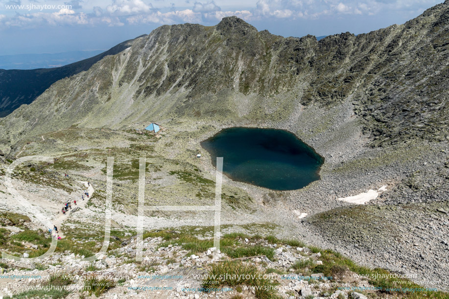 Panoramic view to Ledenoto (Ice) Lake from Musala Peak, Rila mountain, Bulgaria