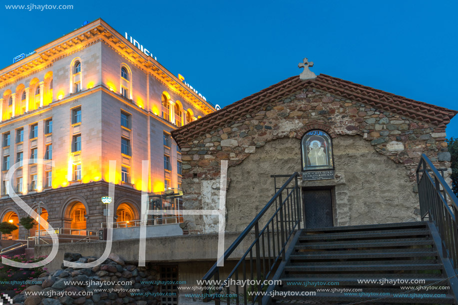 SOFIA, BULGARIA - JULY 21, 2017: Night view of St. Petka Church in Sofia, Bulgaria