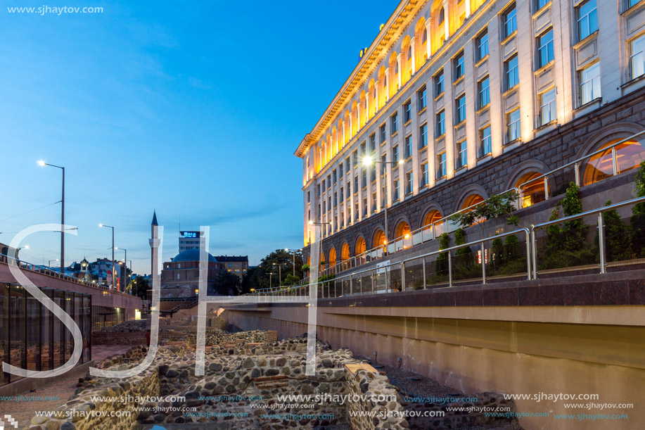 SOFIA, BULGARIA - JULY 21, 2017: Night photo of Banya Bashi Mosque and ruins of ancient Serdica in Sofia, Bulgaria