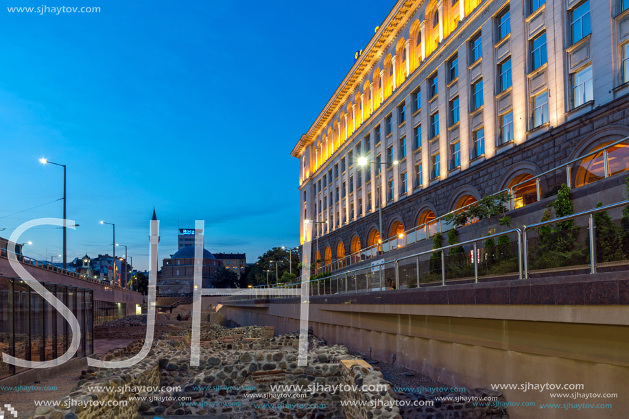 SOFIA, BULGARIA - JULY 21, 2017: Night photo of Banya Bashi Mosque and ruins of ancient Serdica in Sofia, Bulgaria