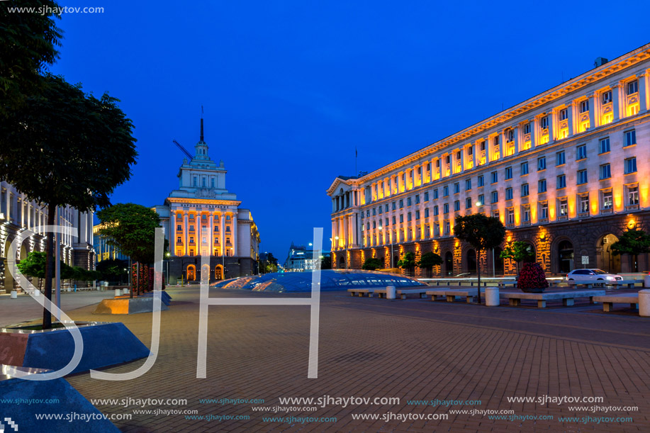 SOFIA, BULGARIA - JULY 21, 2017: Night photo of Buildings of Presidency and Former Communist Party House in Sofia, Bulgaria