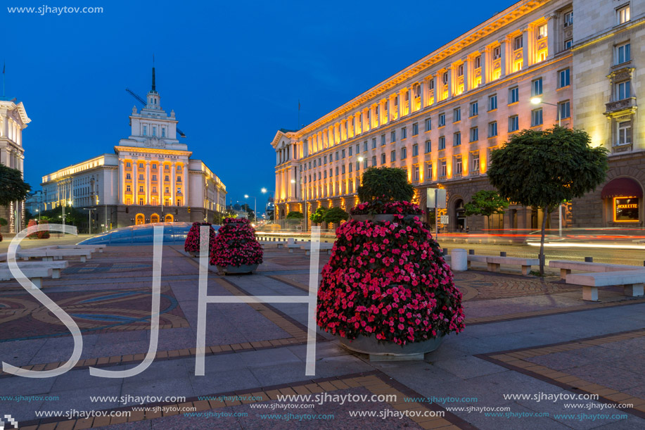 SOFIA, BULGARIA - JULY 21, 2017: Night photo of Buildings of Presidency and Former Communist Party House in Sofia, Bulgaria