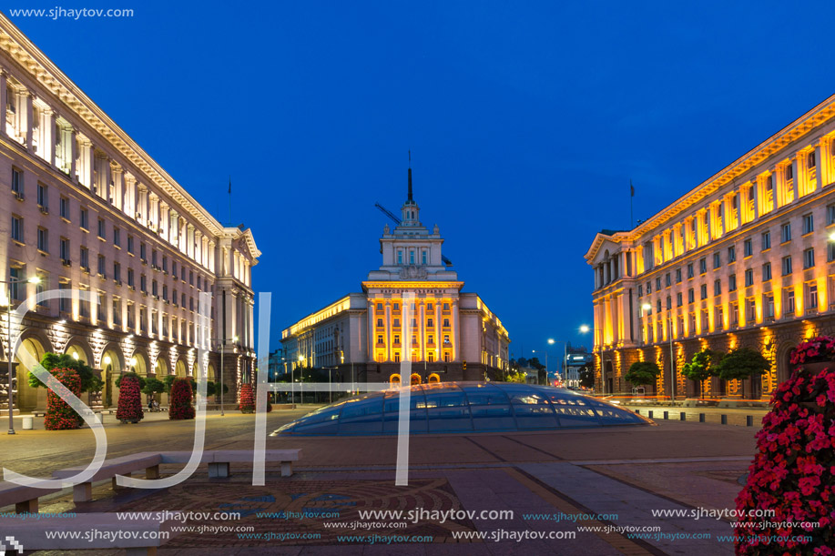 SOFIA, BULGARIA - JULY 21, 2017: Night photo of Buildings of Presidency, Buildings of Council of Ministers and Former Communist Party House in Sofia, Bulgaria