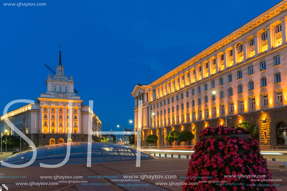 SOFIA, BULGARIA - JULY 21, 2017: Night photo of Buildings of Presidency and Former Communist Party House in Sofia, Bulgaria