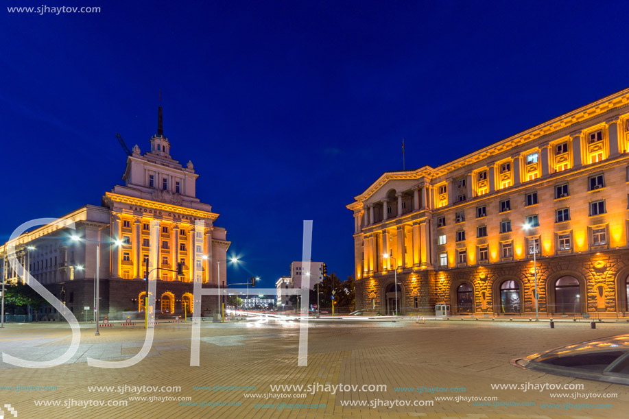 SOFIA, BULGARIA - JULY 21, 2017: Night photo of Buildings of Presidency and Former Communist Party House in Sofia, Bulgaria
