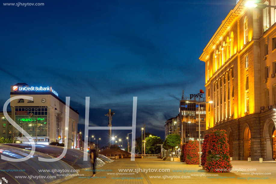 SOFIA, BULGARIA - JULY 21, 2017: Night photo of Independence Square and Hagia Sophia monument in city of Sofia, Bulgaria