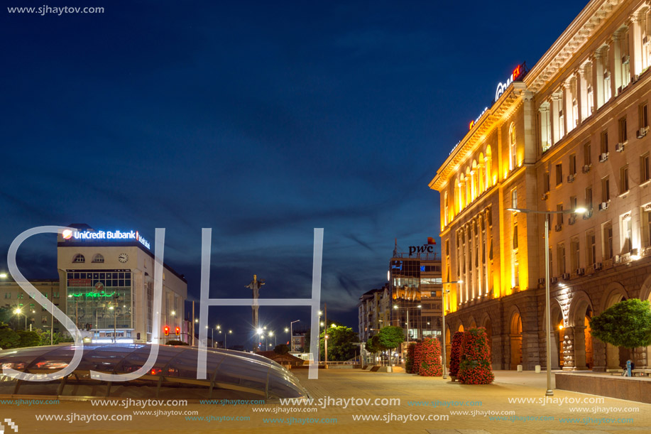 SOFIA, BULGARIA - JULY 21, 2017: Night photo of Independence Square and Hagia Sophia monument in city of Sofia, Bulgaria