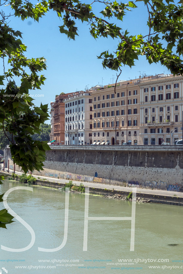 ROME, ITALY - JUNE 22, 2017: Amazing Panoramic view of Tiber River in city of Rome, Italy