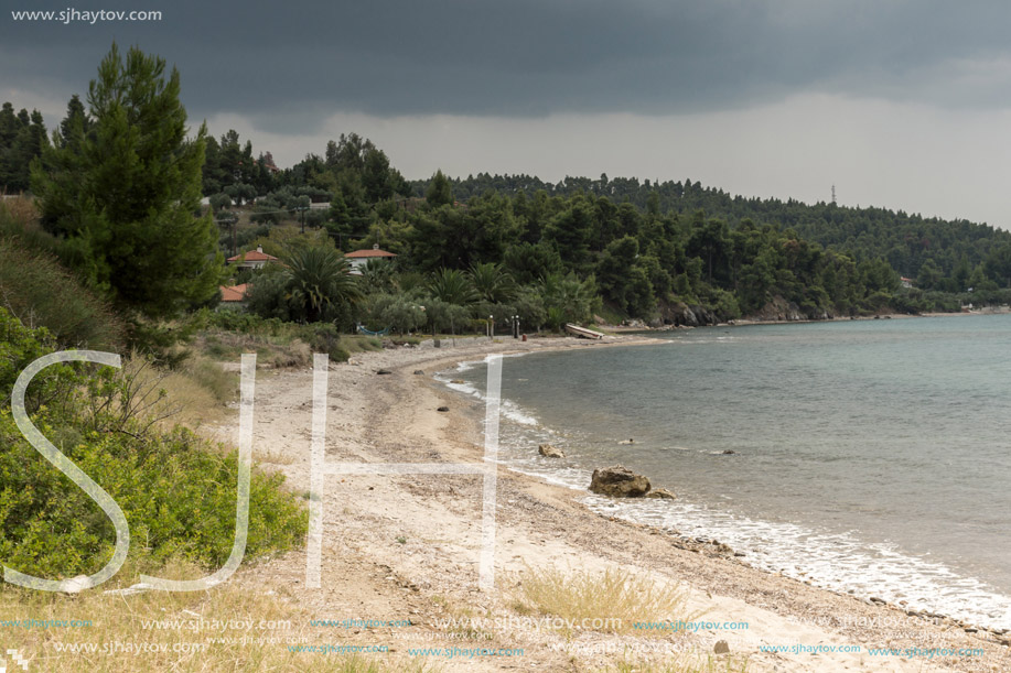 Panoramic view of Litheri Beach at Sithonia peninsula, Chalkidiki, Central Macedonia, Greece