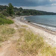 Panoramic view of Litheri Beach at Sithonia peninsula, Chalkidiki, Central Macedonia, Greece
