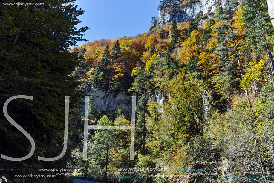 Panoramic Autumn view of Buynovsko gorge, Rhodope Mountains, Bulgaria