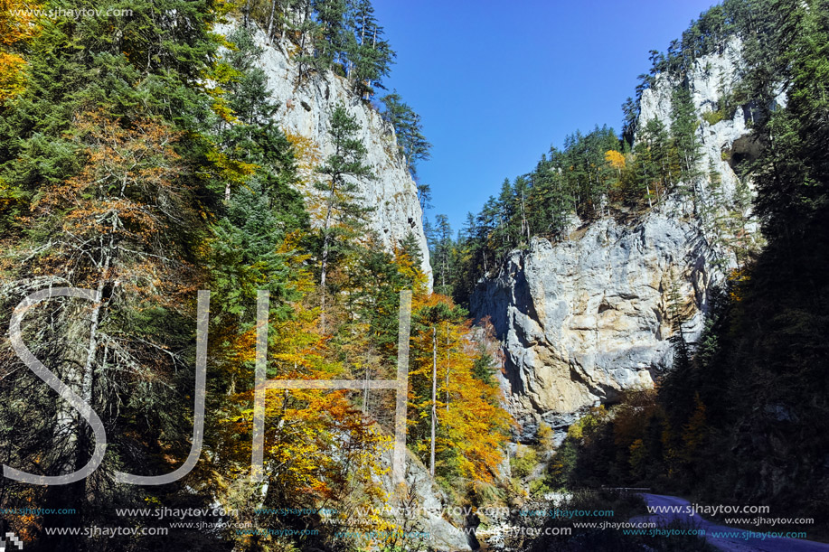 Panoramic Autumn view of Buynovsko gorge, Rhodope Mountains, Bulgaria