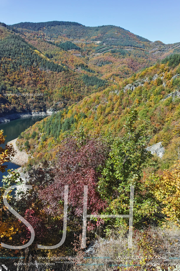 Autumn Panoramic view of Tsankov kamak Reservoir, Smolyan Region, Bulgaria