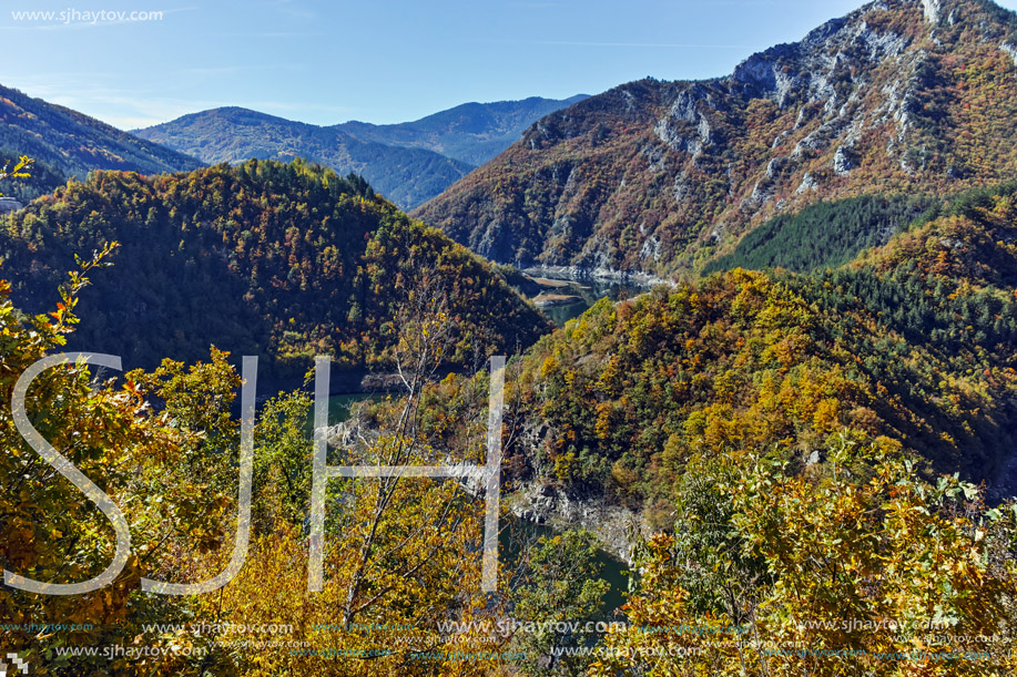 Autumn Panoramic view of Tsankov kamak Reservoir, Smolyan Region, Bulgaria