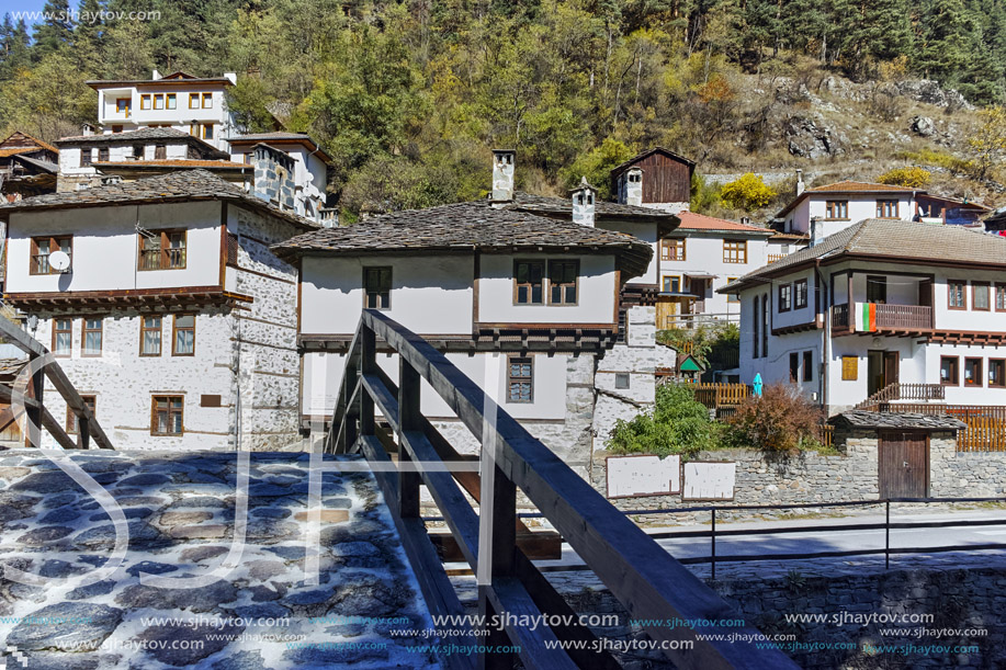 Autumn Landscape with Roman Bridge and panorama to town of Shiroka Laka, Smolyan Region, Bulgaria