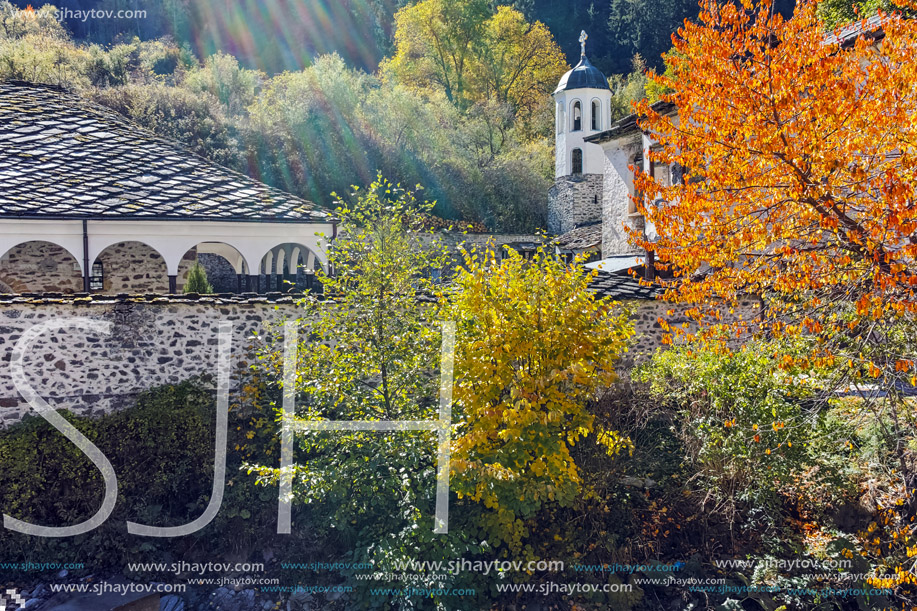 19th century Church of the Assumption, river and Autumn tree in town of Shiroka Laka, Smolyan Region, Bulgaria